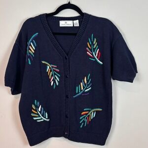 Maggie Lawrence Womens Chunky Knit Blue Leaf Embroidered Short Sleeve Cardigan L